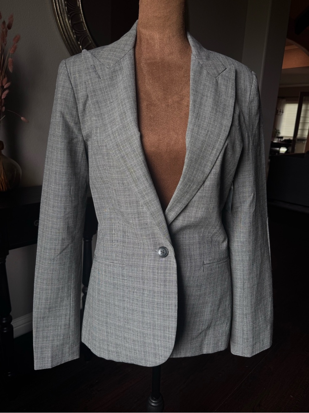 Norma Kamali Gray Plaid Single-Button Blazer